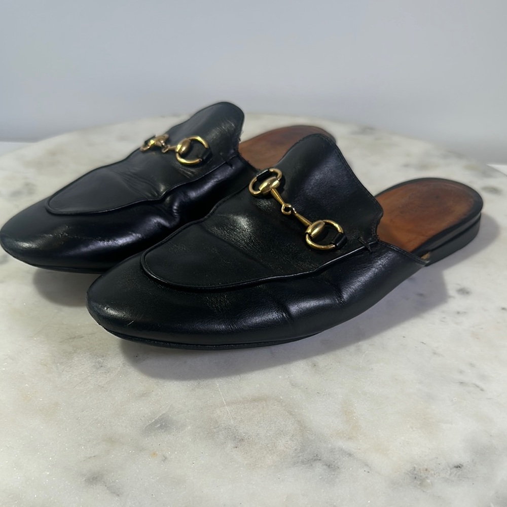 Gucci Black and Gold Mules with Horsebit Detail